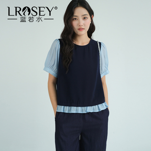 女装 时尚 胖MM假两件韩系小衫 新款 花边拼接上衣 2026夏装 蓝若水大码