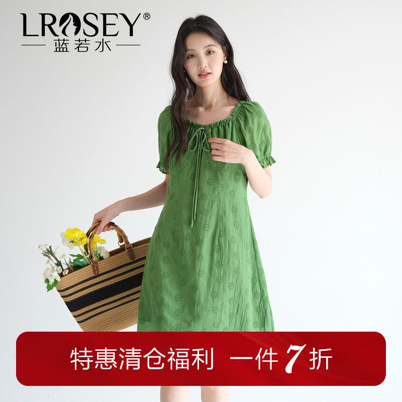 蓝若水大码女装镂空设计刺绣连衣裙2026夏装新款复古收腰显瘦中裙