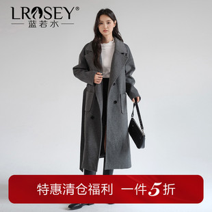 蓝若水大码女装高级感长款毛呢大衣胖mm冬装新款大V领双排扣外套