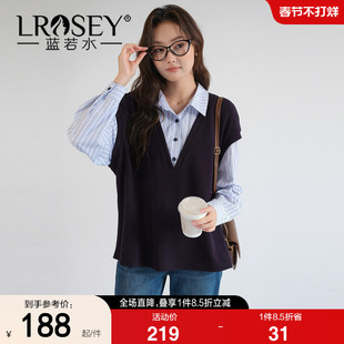 【层次感衬衫马甲假两件】蓝若水大码2026春新款减龄叠穿条纹上衣