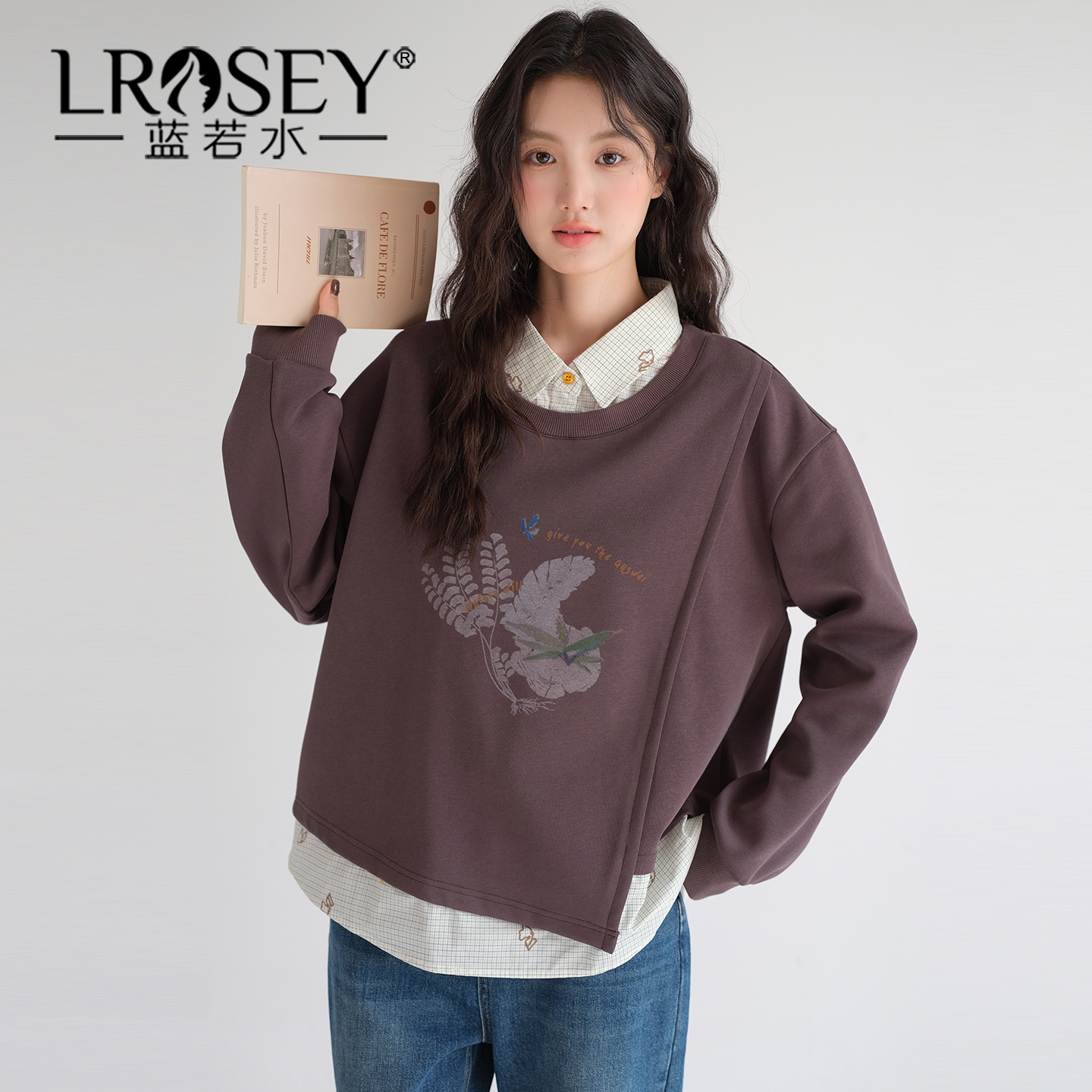 蓝若水假两件百搭显瘦宽松上衣