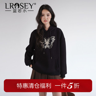 蓝若水大码女装蝴蝶印花连帽加绒卫衣胖mm冬季新款宽松保暖上衣