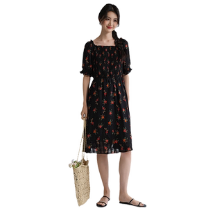 蓝若水大码女装胖mm打揽方领碎花连衣裙夏季新品甜辣复古收腰中裙