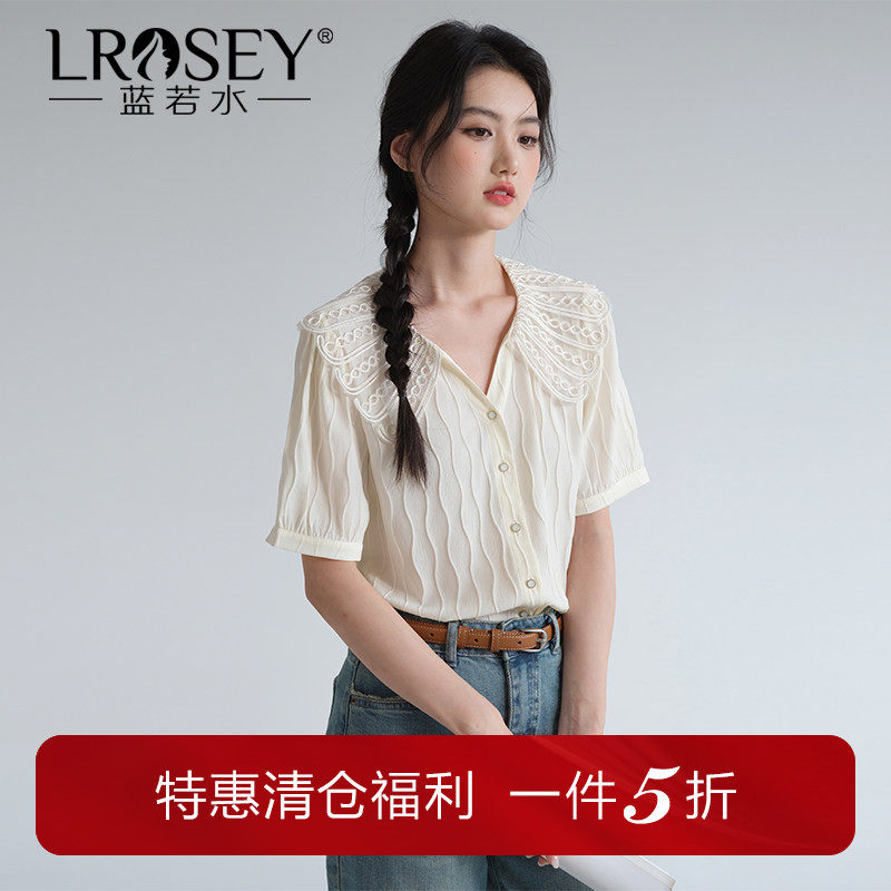 蓝若水大码女装蕾丝娃娃领雪纺衫夏季新品法式肌理感胖mm气质上衣