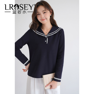 蕾丝边海军领长袖 新款 T恤 2026春装 显瘦正肩打底衫 蓝若水大码