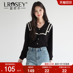 新款 蓝若水大码 2025秋装 减龄海军领雪纺衫 胖MM宽松遮肚子上衣 女装