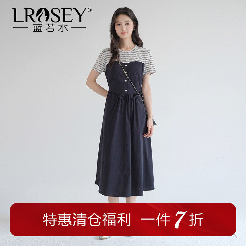 蓝若水拼接假两件收腰显瘦连衣裙图片