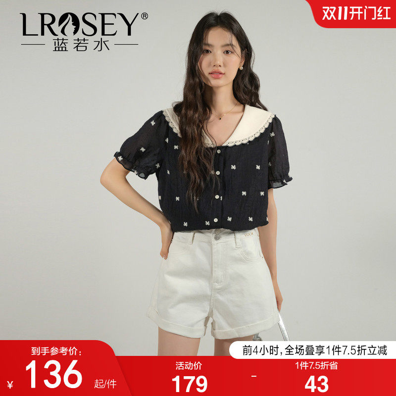 蓝若水大码女装2026夏装新款娃娃领蝴蝶结刺绣衬衫胖MM遮肚子上衣