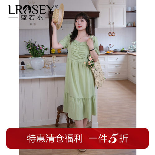 蓝若水连衣裙抽褶方领显瘦中长裙