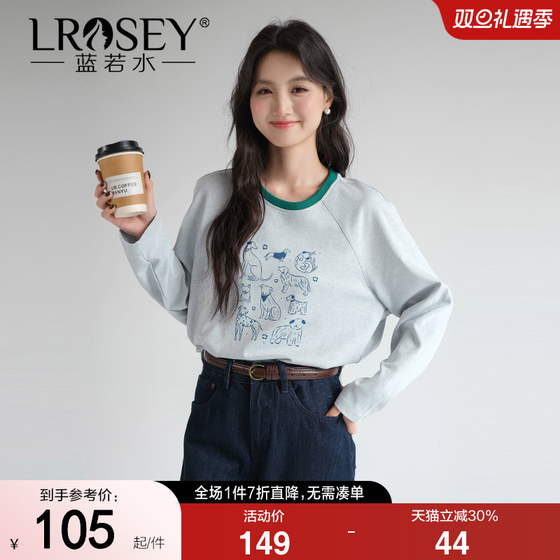 蓝若水大码女装圆领印花上衣胖mm2025秋装新款宽松遮肚子长袖t恤