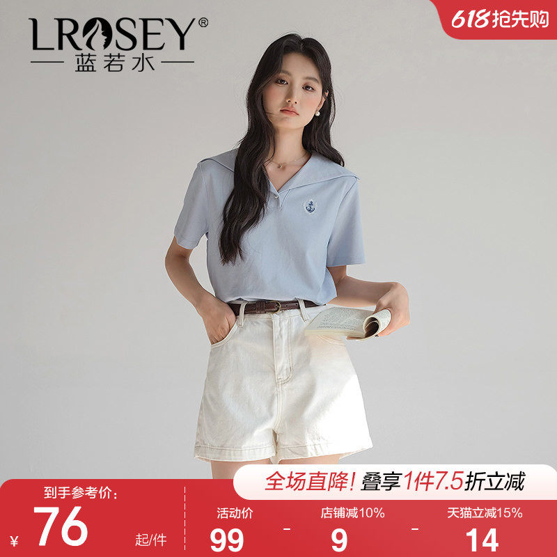 【珠地棉海军领T恤】蓝若水大码2026夏装新款休闲减龄刺绣上衣女