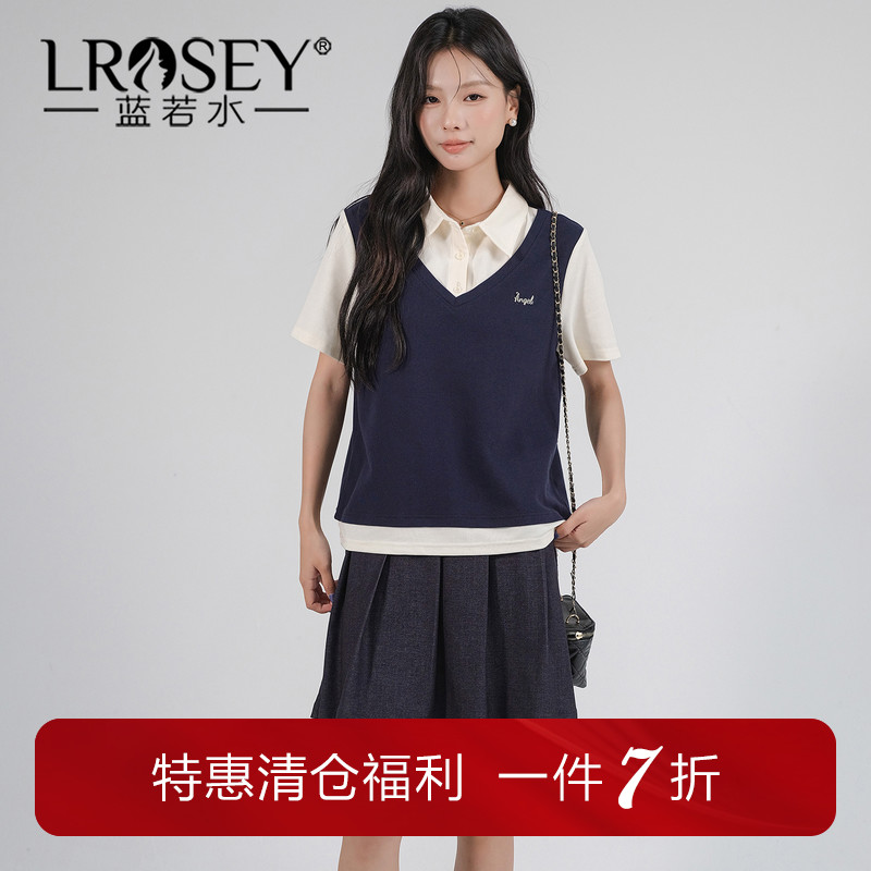 蓝若水假两件拼接T恤显瘦减龄