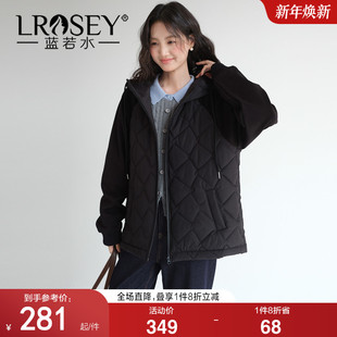 菱格连帽拼接保暖棉衣 中长款 蓝若水大码 新款 夹棉外套 2025冬装