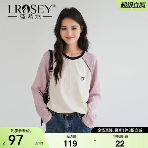 蓝若水美式插肩拼色上衣显瘦T恤