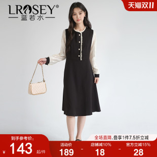胖MM蕾丝长袖 蓝若水大码 新款 假两件拼接连衣裙2025秋装 a字裙 女装
