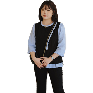 蓝若水大码女装洋气木耳边假两件衬衫胖MM春季新款显瘦七分袖上衣