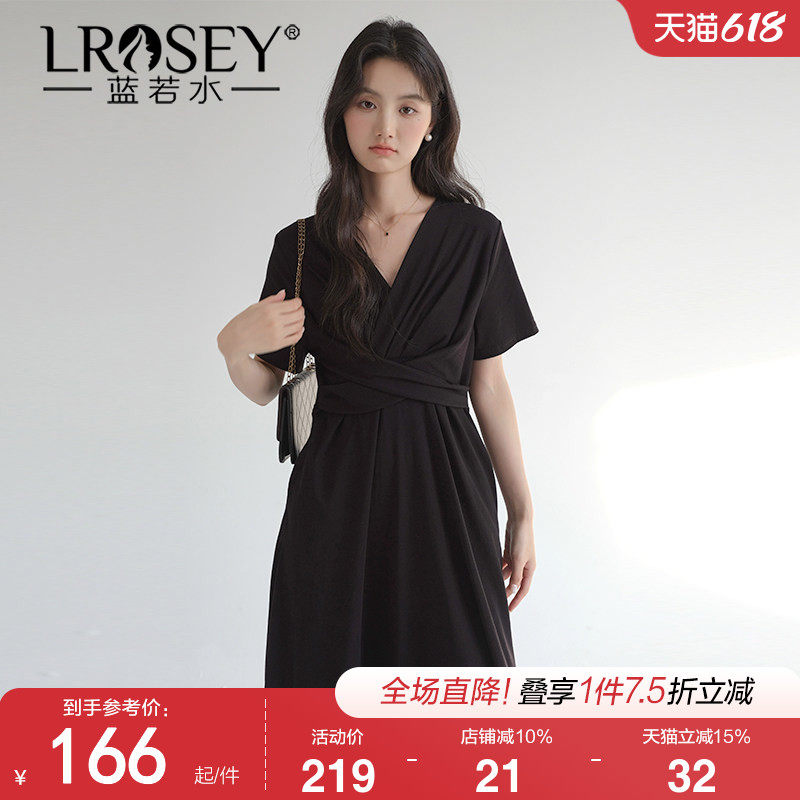 【高弹力针织V领连衣裙】蓝若水大码2026夏装新款气质显瘦小黑裙