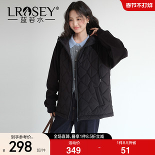 【菱格连帽拼接保暖棉衣】蓝若水大码2025冬装新款中长款夹棉外套