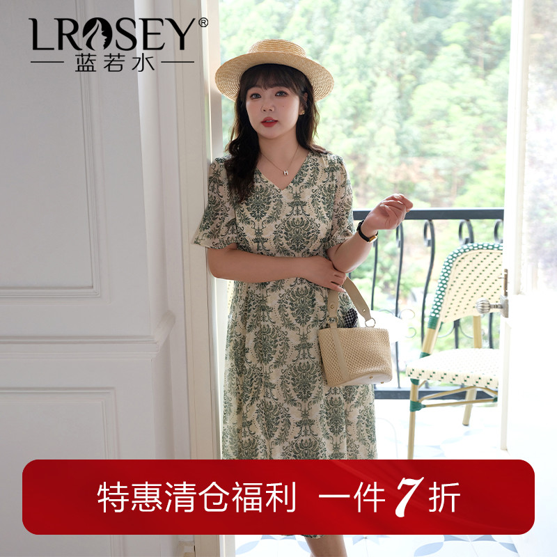 蓝若水大码女装度假风V领雪纺碎花裙胖mm夏新品收腰显瘦a字连衣裙