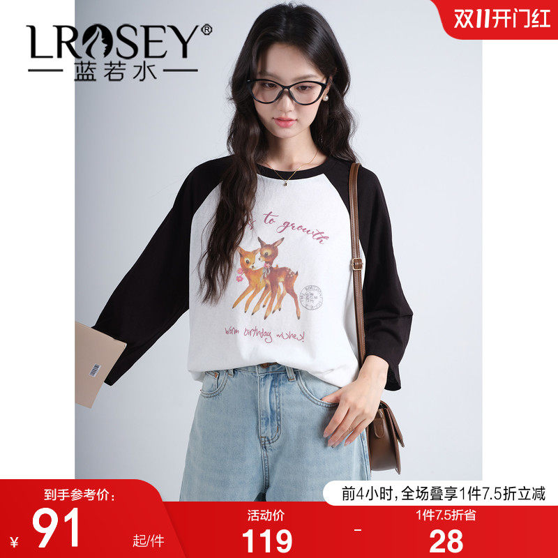 蓝若水大码女装美式插肩袖印花T恤2026秋装新款胖MM复古休闲上衣