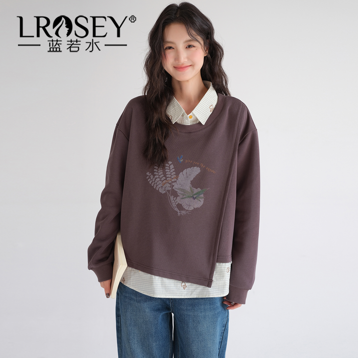 蓝若水假两件百搭显瘦宽松上衣