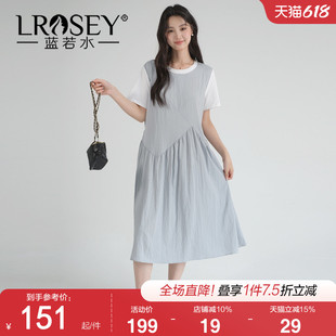 蓝若水大码女装2026夏季新款胖MM褶皱设计感拼接假两件休闲连衣裙