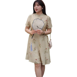 蓝若水大码女装新中式国风改良旗袍裙胖MM夏季新品盘扣显瘦连衣裙