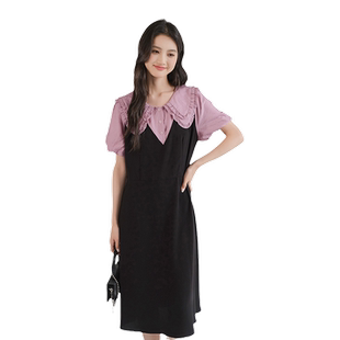 蓝若水大码女装假两件胖mm双层娃娃领法式长裙夏季新品遮肚连衣裙