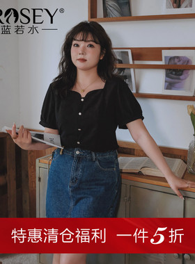 蓝若水大码女装法式气质方领雪纺衬衫胖MM夏装淑女显瘦泡泡袖上衣