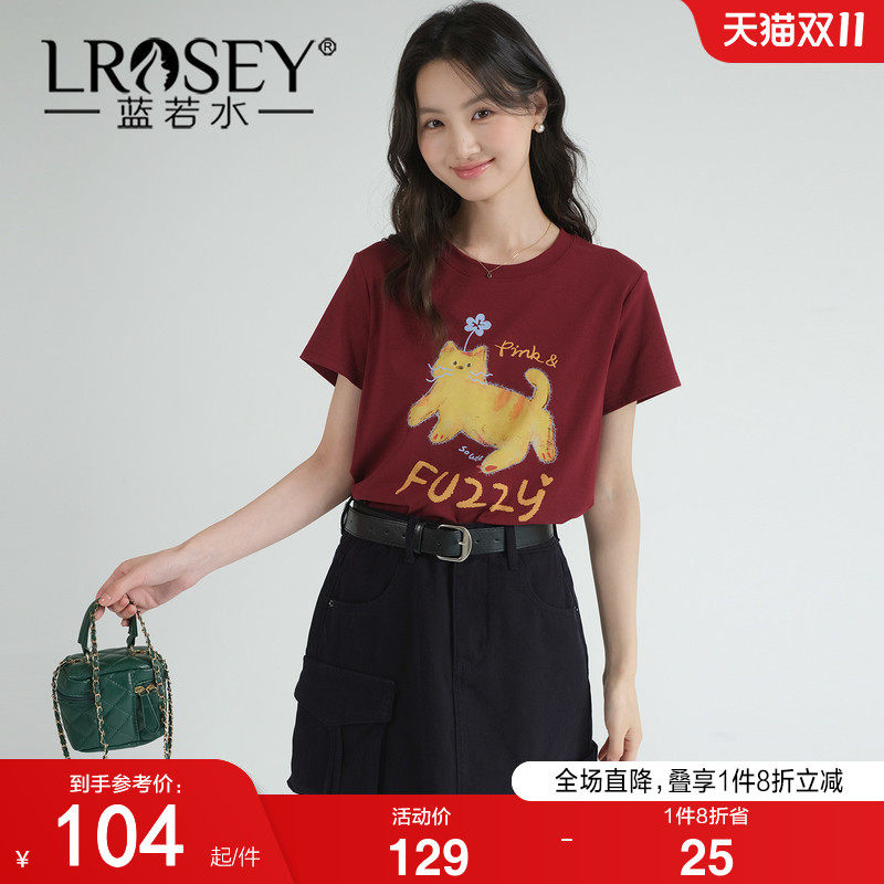 蓝若水大码女装卡通猫咪印花上衣2026夏装新款胖MM复古红短袖T恤