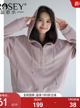 蓝若水大码女装美式半拉链连帽套头卫衣胖mm2026春装新款慵懒上衣