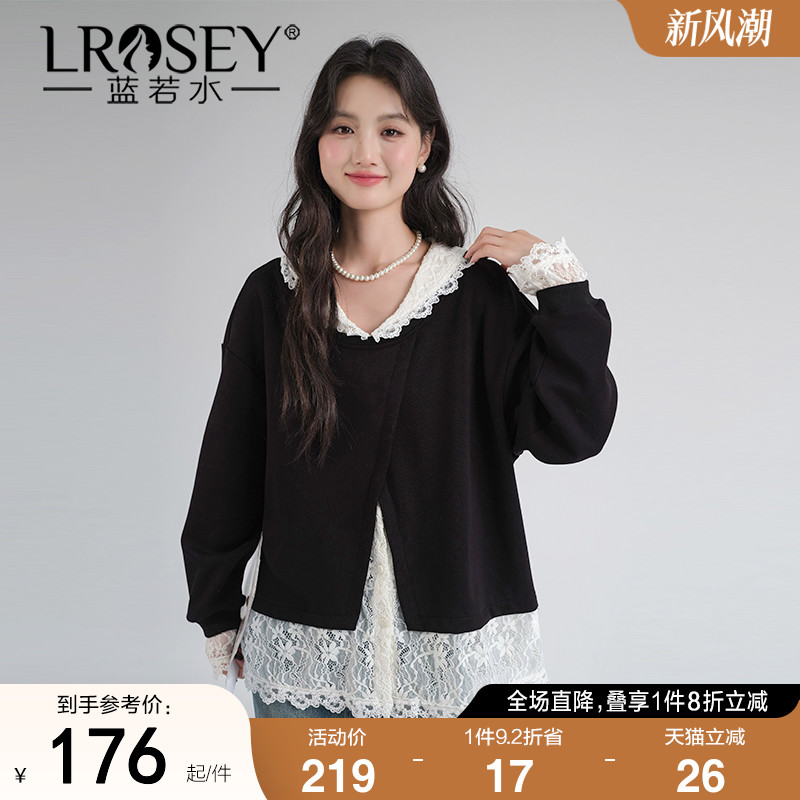 蓝若水蕾丝拼接卫衣假两件上衣