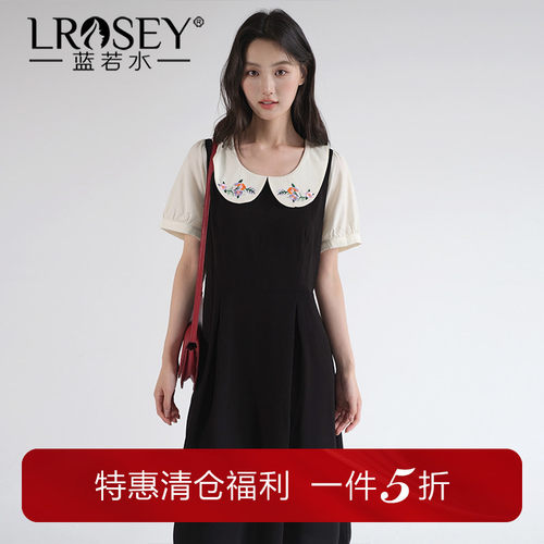 蓝若水娃娃领连衣裙减龄显瘦绣花