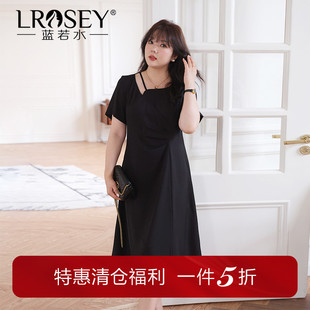 顯瘦收腰法式 藍(lán)若水大碼 女裝 方領(lǐng)抽褶連衣裙胖MM夏裝 赫本風(fēng)小黑裙