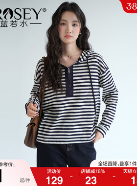 【半拉链连帽条纹t恤】蓝若水大码2026春装新款设计感宽松打底衫