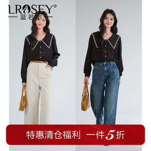 新款 蓝若水大码 胖mm春季 减龄海军领肌理雪纺衬衫 复古轻奢上衣 女装
