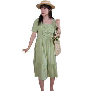 蓝若水大码女装法式茶歇抽褶方领长裙胖MM夏装遮肚收腰别致连衣裙