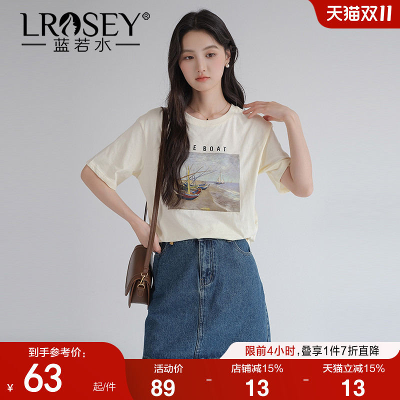 蓝若水韩版圆领印花显瘦减龄T恤