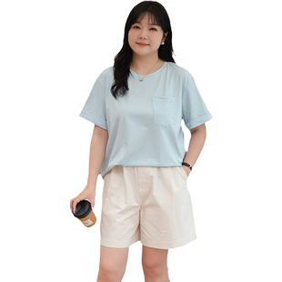蓝若水大码女装休闲凉感宽松纯色T恤胖MM夏装韩版藏肉显瘦上衣