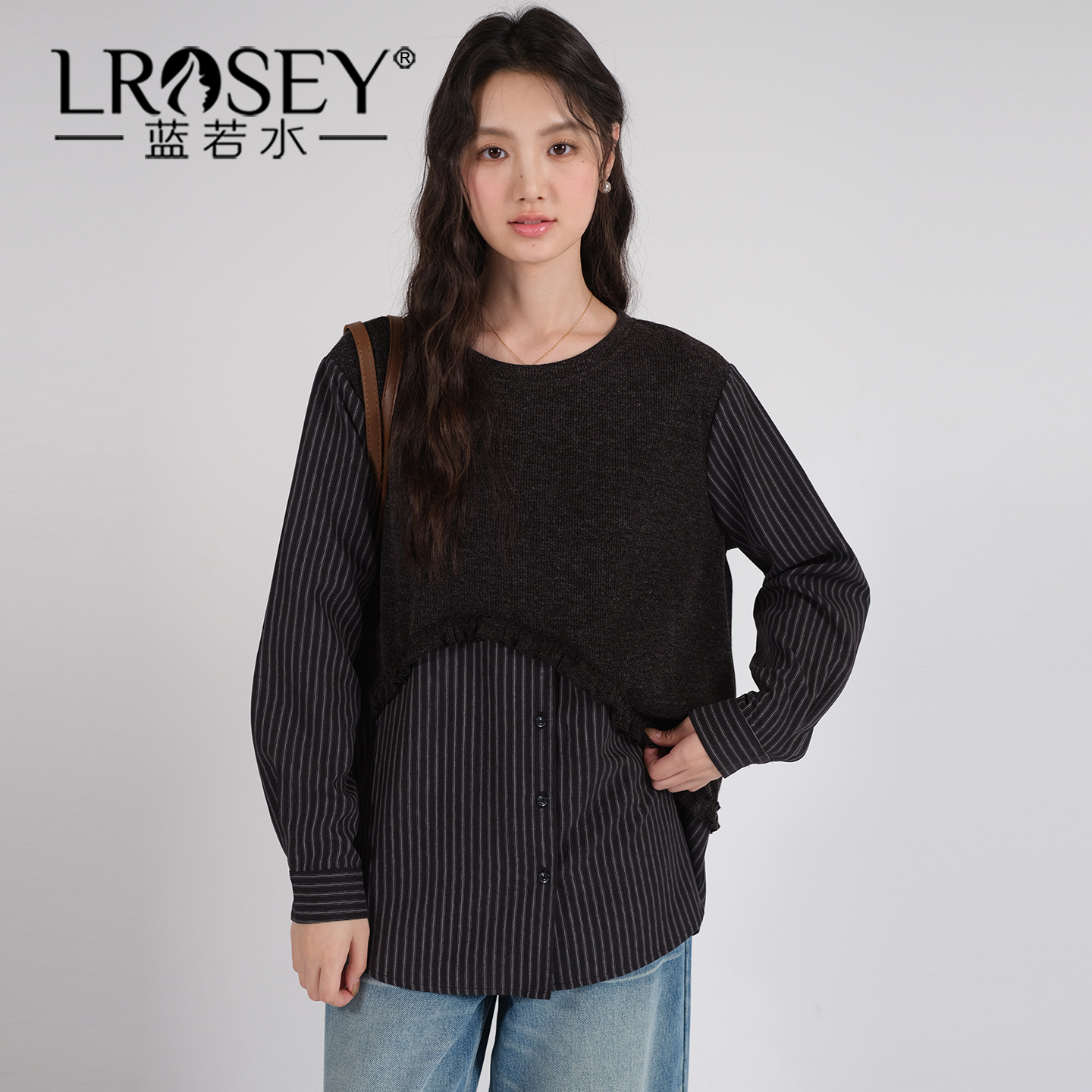 蓝若水设计感假两件宽松上衣