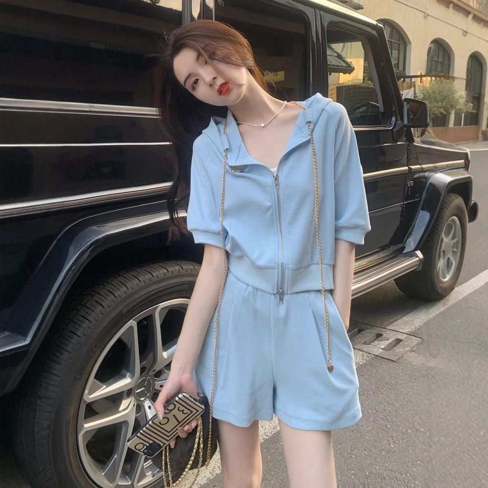 网红小个子短袖短裤套装女夏季宽松减龄洋气蓝色休闲运动服两件套