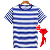 水手服亲子装 夏季 男女t恤蓝白条情侣装 纯棉短袖 六一活动服 海魂衫