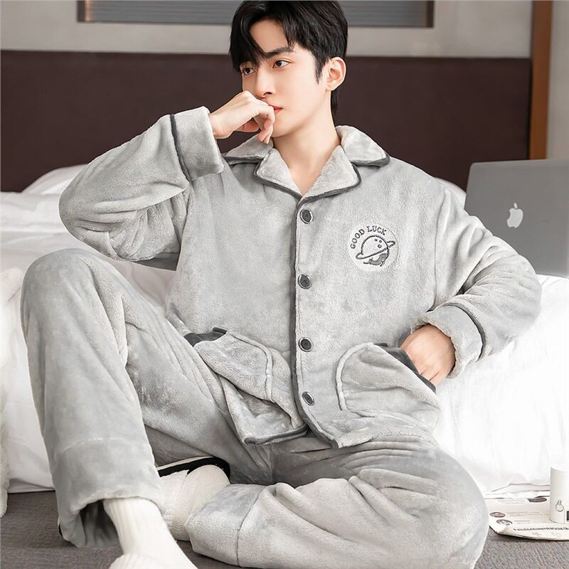 北极绒男士加厚法兰绒冬季睡衣套装中青年珊瑚绒家居服加绒开衫大