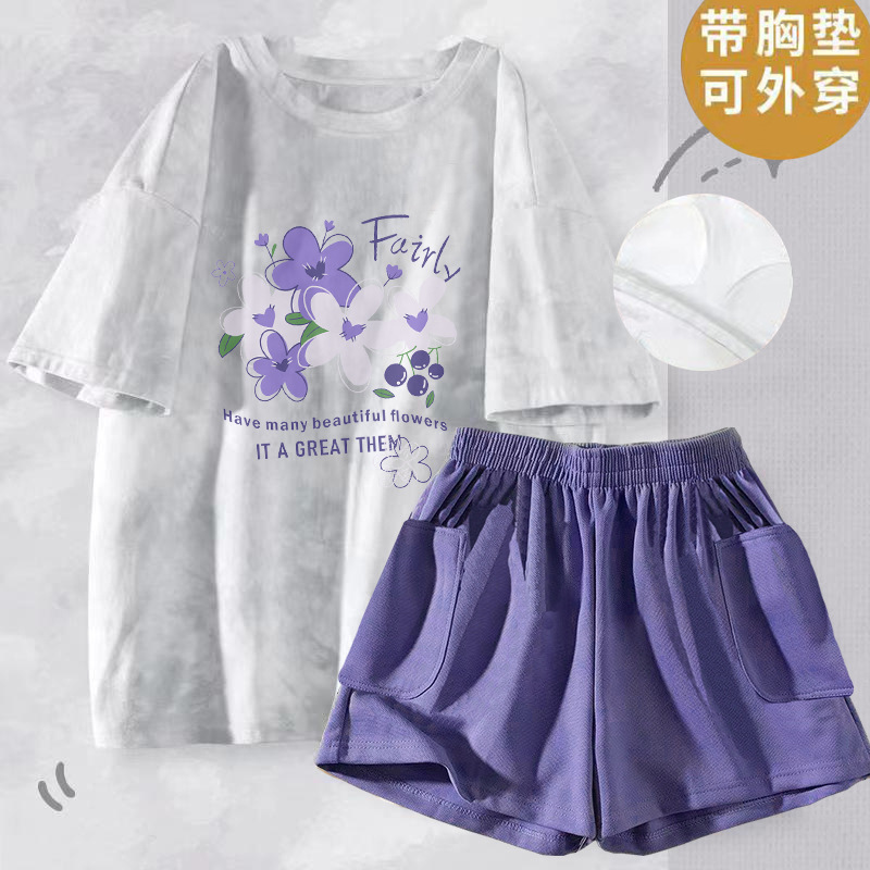 北极绒睡衣女士夏季带胸垫一体纯棉短袖短裤2025新款甜美卡通家居