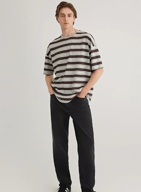 土耳其mavi男士棕色条纹短袖T恤男宽松休闲上衣0612478-80196