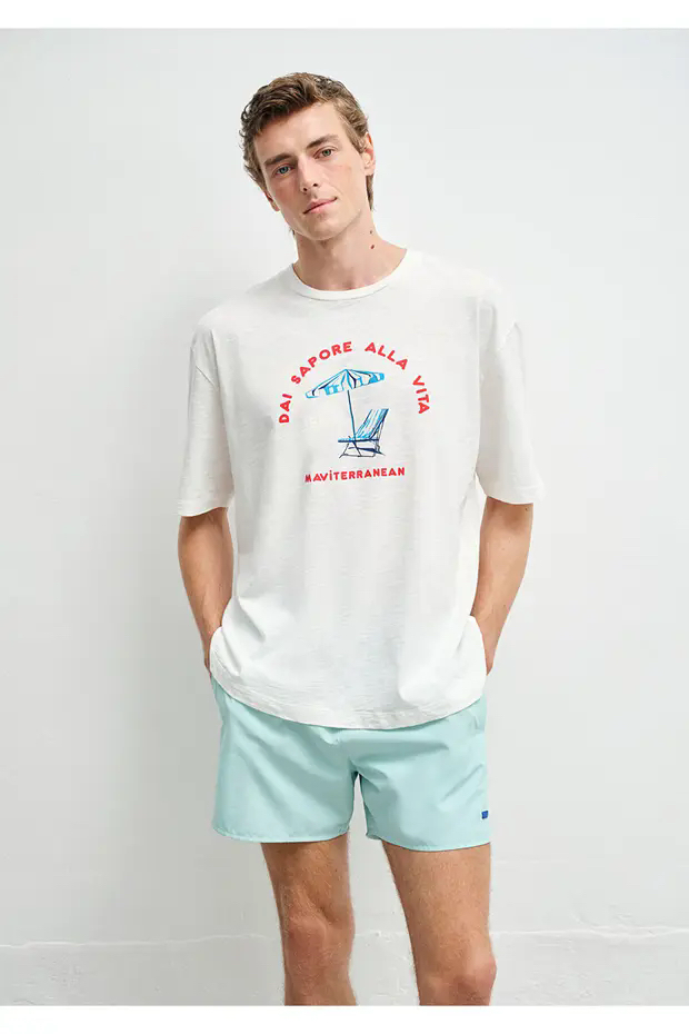 土耳其mavi白色纯棉复古印花短袖T恤宽松