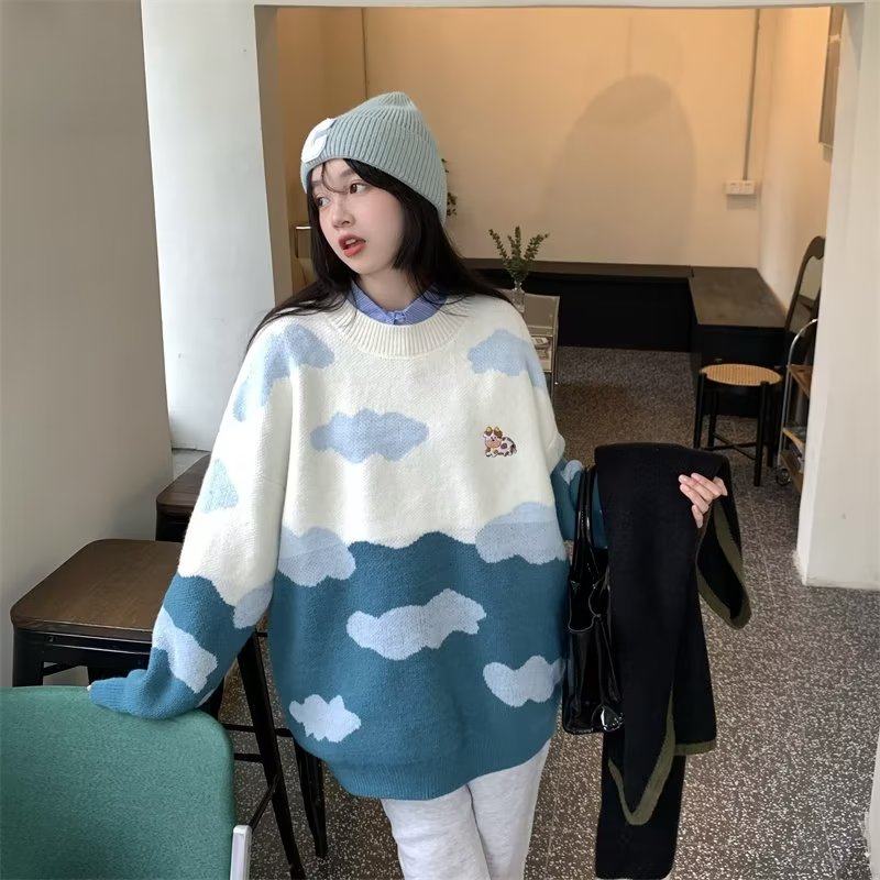 秋冬季日系软糯可爱卡通云朵圆领毛衣青少年慵懒风宽松情侣针织衫