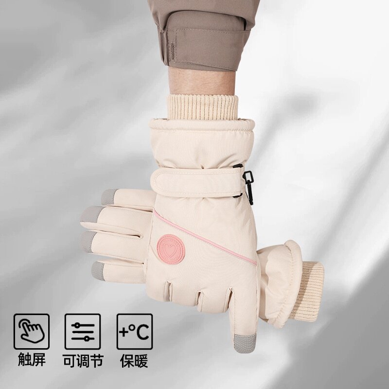 爱心滑雪手套冬季女士加厚加绒可触屏东北电动车防寒冬天骑行手套