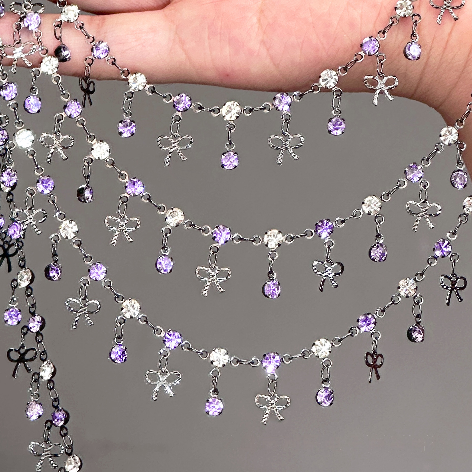 diy链条紫色水钻蝴蝶结链条手链项链古风流苏痛包玩具材料