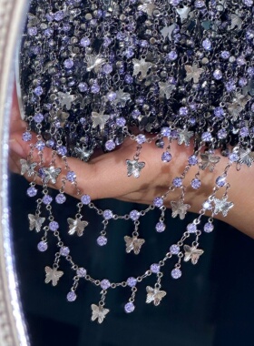 diy链条紫色紫罗兰蝴蝶水钻链条手链项链古风流苏痛包玩具